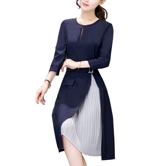 "Cindy" Navy A-line Midi Dress w sheer - Picture 2 of 4